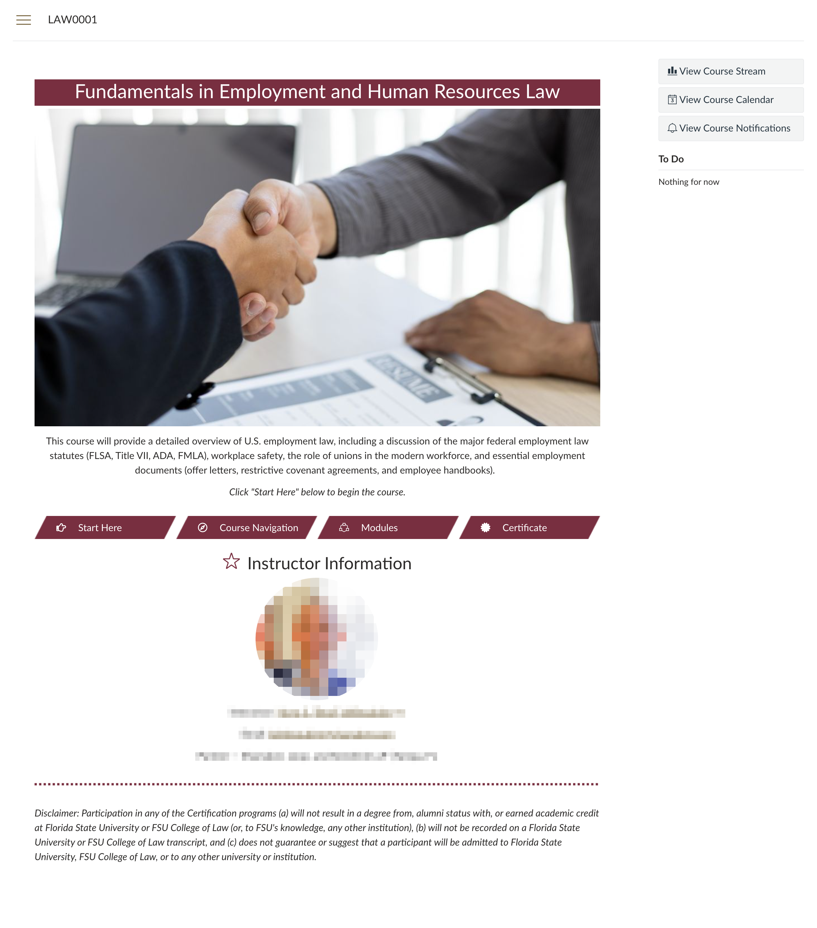 Canvas course home page with the course title banner, course description and Start Here, Course Navigation, Modules and Certificate buttons