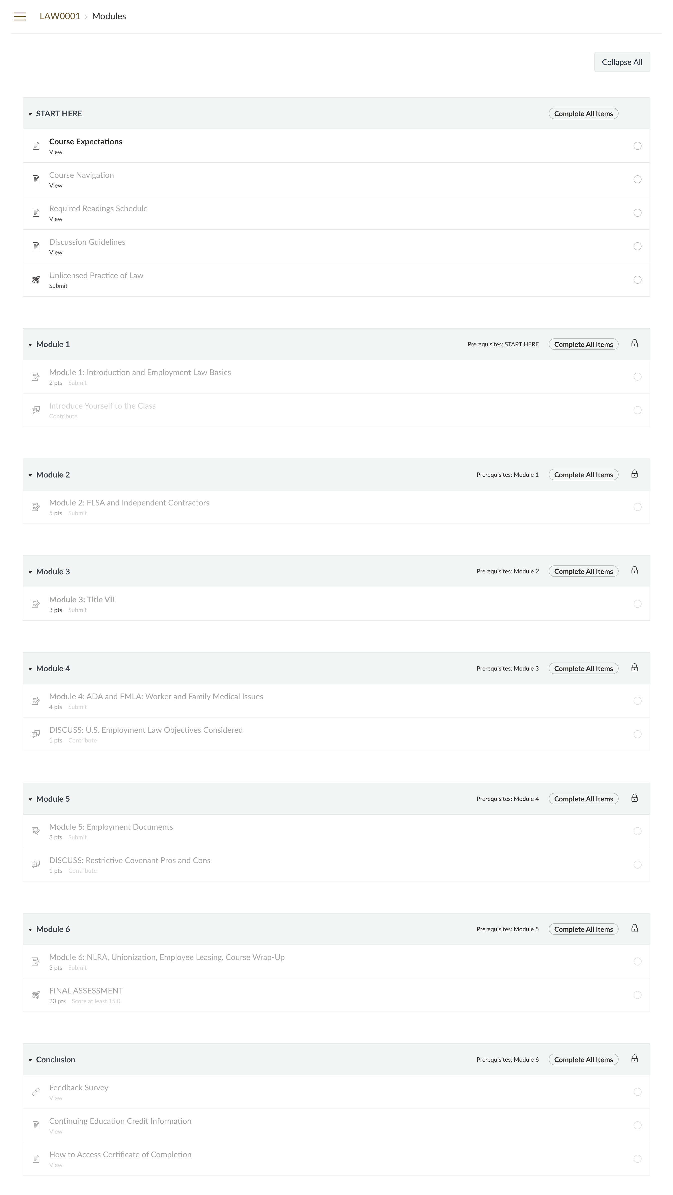 Canvas modules list showing Start Here, Modules 1 through 6 and a Conclusion module, each locked until the previous module is complete