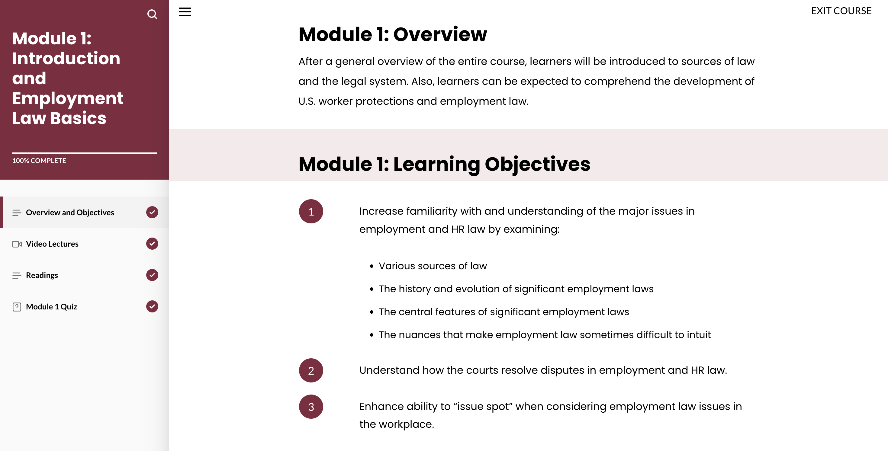 Rise 360 lesson showing the Module 1 overview and three numbered learning objectives, with a lesson menu listing Overview and Objectives, Video Lectures, Readings and Module 1 Quiz
